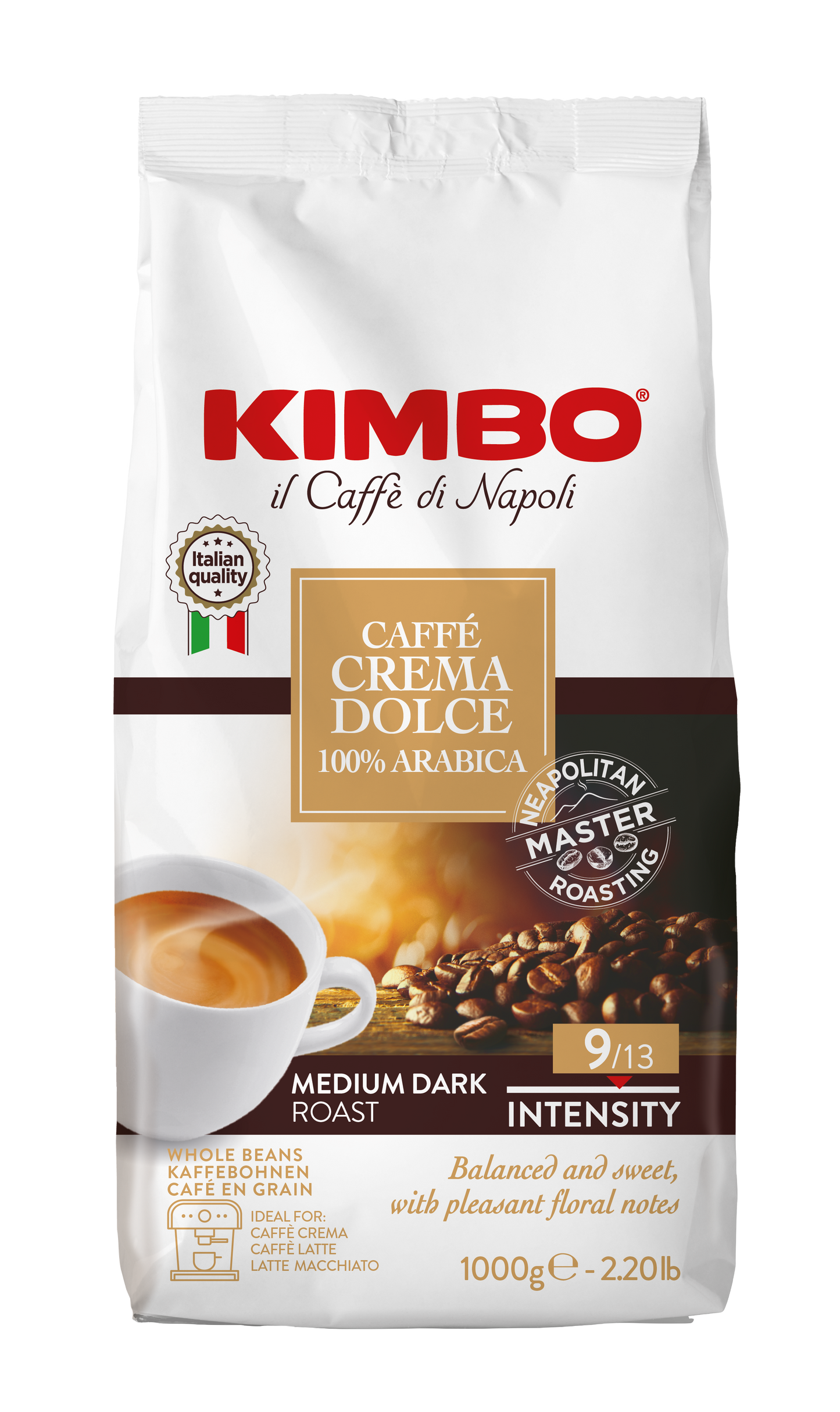 Kimbo Caffè Crema Dolce 100% Arabica – Ganze Kaffeebohnen, 1 kg